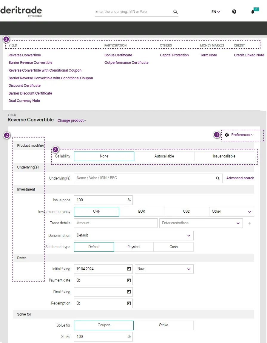Screenshot of some new features inside the deritrade tool