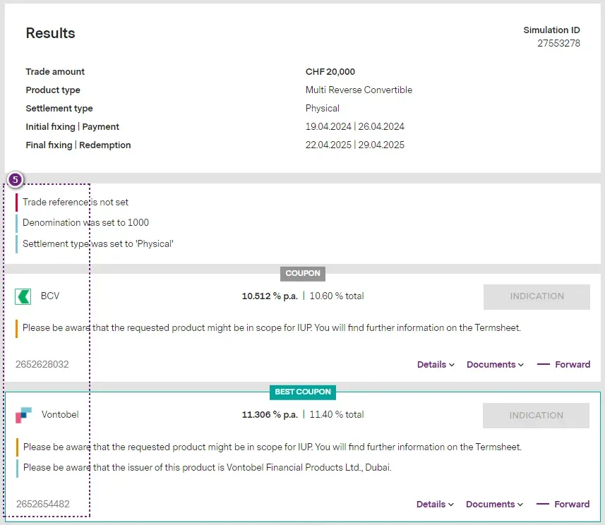 Screenshot of some new features inside the deritrade tool