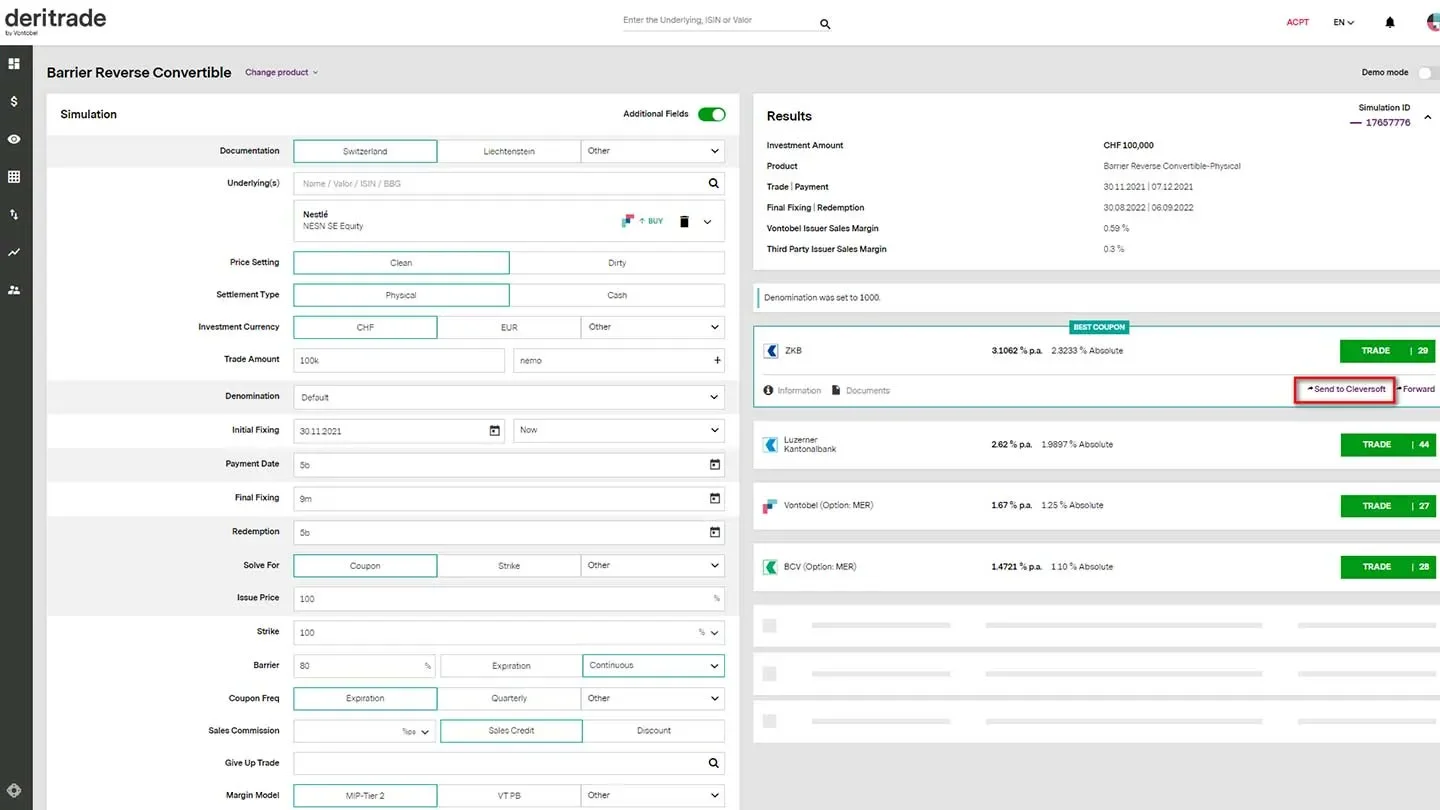 Image that shows the user interface of the deritrade app